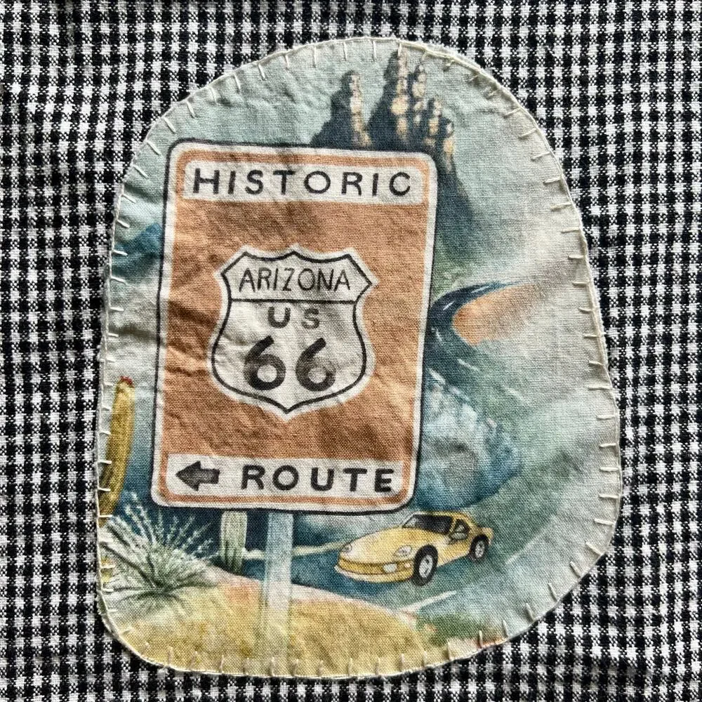 Route 66 Applique Cotton Tea Towel Gingham Farmhouse Decor Framable Art Gift